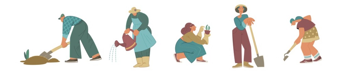 Farmer people gardening set flat isolated. Men and women character dig a garden, grow plants , water from a watering can