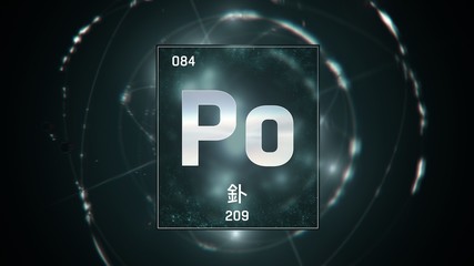 3D illustration of Polonium as Element 84 of the Periodic Table. Green illuminated atom design background with orbiting electrons name atomic weight element number in Chinese language
