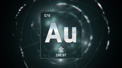 3D illustration of Gold as Element 79 of the Periodic Table. Green illuminated atom design background with orbiting electrons name atomic weight element number in Chinese language