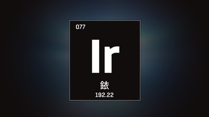 3D illustration of Iridium as Element 77 of the Periodic Table. Grey illuminated atom design background with orbiting electrons name atomic weight element number in Chinese language