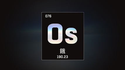 3D illustration of Osmium as Element 76 of the Periodic Table. Grey illuminated atom design background with orbiting electrons name atomic weight element number in Chinese language