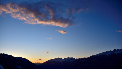 Sunset in Valtellina with the mountain snowcapped.