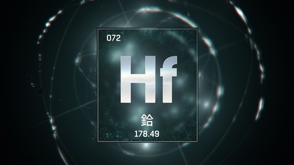 3D illustration of Hafnium as Element 72 of the Periodic Table. Green illuminated atom design background with orbiting electrons name atomic weight element number in Chinese language