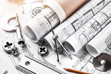 Technical drawings with measure tools. Pencil, measurement. Papers with technical drawings and...