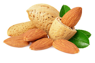 almonds with green leaves isolated on white background