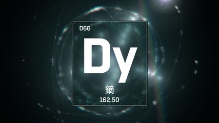 3D illustration of Dysprosium as Element 66 of the Periodic Table. Green illuminated atom design background with orbiting electrons name atomic weight element number in Chinese language