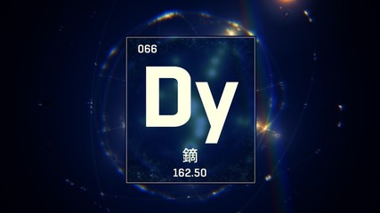 3D illustration of Dysprosium as Element 66 of the Periodic Table. Blue illuminated atom design background with orbiting electrons name atomic weight element number in Chinese language