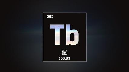3D illustration of Terbium as Element 65 of the Periodic Table. Grey illuminated atom design background with orbiting electrons name atomic weight element number in Chinese language