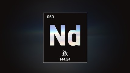 3D illustration of Neodymium as Element 60 of the Periodic Table. Grey illuminated atom design background orbiting electrons name, atomic weight element number in Chinese language
