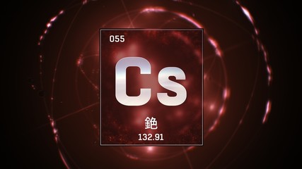 3D illustration of Cesium as Element 55 of the Periodic Table. Red illuminated atom design background orbiting electrons name, atomic weight element number in Chinese language