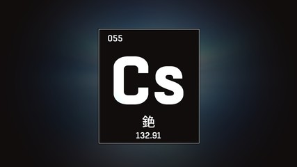 3D illustration of Cesium as Element 55 of the Periodic Table. Grey illuminated atom design background orbiting electrons name, atomic weight element number in Chinese language