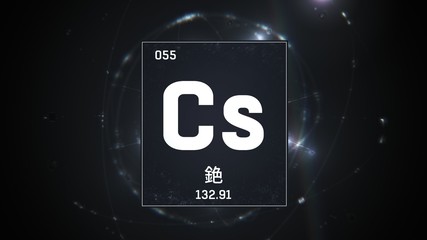 3D illustration of Cesium as Element 55 of the Periodic Table. Silver illuminated atom design background orbiting electrons name, atomic weight element number in Chinese language