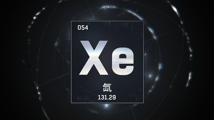 3D illustration of Xenon as Element 54 of the Periodic Table. Silver illuminated atom design background orbiting electrons name, atomic weight element number in Chinese language
