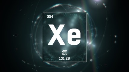 3D illustration of Xenon as Element 54 of the Periodic Table. Green illuminated atom design background orbiting electrons name, atomic weight element number in Chinese language