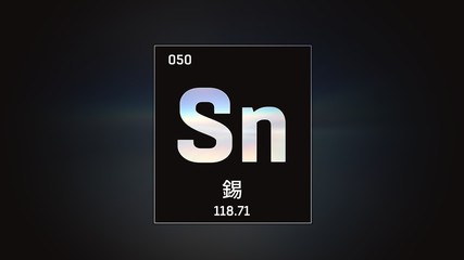 3D illustration of Tin as Element 50 of the Periodic Table. Grey illuminated atom design background orbiting electrons name, atomic weight element number in Chinese language