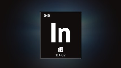 3D illustration of Indium as Element 49 of the Periodic Table. Grey illuminated atom design background orbiting electrons name, atomic weight element number in Chinese language