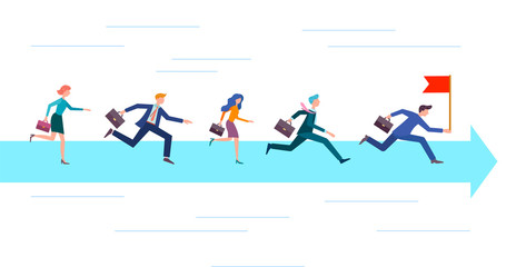 Fototapeta premium Running after the leader with a flag in his hand, group members, teams, businessmen