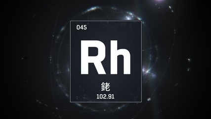 3D illustration of Rhodium as Element 45 of the Periodic Table. Silver illuminated atom design background orbiting electrons name, atomic weight element number in Chinese language