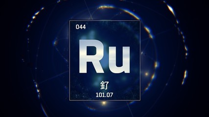 3D illustration of Ruthenium as Element 44 of the Periodic Table. Blue illuminated atom design background orbiting electrons name, atomic weight element number in Chinese language