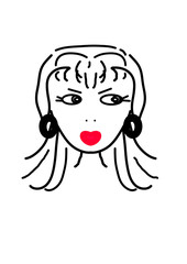 Girl drawing in earrings and red big lips. Beauty industry. Feminism.