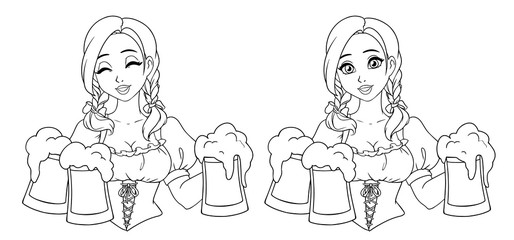 Beautiful girl with pigtails and big eyes holding beer mugs.