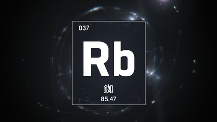 3D illustration of Rubidium as Element 37 of the Periodic Table. Silver illuminated atom design background orbiting electrons name, atomic weight element number in Chinese language