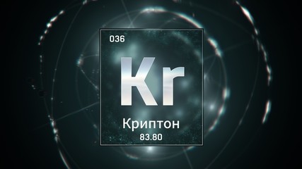 3D illustration of Krypton as Element 36 of the Periodic Table. Green illuminated atom design background orbiting electrons name, atomic weight element number in Chinese language