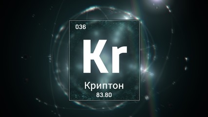3D illustration of Krypton as Element 36 of the Periodic Table. Green illuminated atom design background orbiting electrons name, atomic weight element number in Chinese language