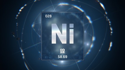 3D illustration of Nickel as Element 28 of the Periodic Table. Blue illuminated atom design background orbiting electrons name, atomic weight element number in Chinese language