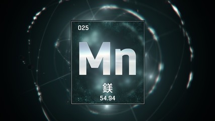 3D illustration of Manganese as Element 25 of the Periodic Table. Green illuminated atom design background orbiting electrons name, atomic weight element number in Chinese language