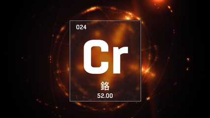 3D illustration of Chromium as Element 24 of the Periodic Table. Orange illuminated atom design background orbiting electrons name, atomic weight element number in Chinese language