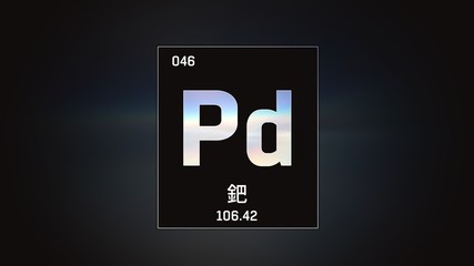 3D illustration of Palladium as Element 46 of the Periodic Table. Grey illuminated atom design background orbiting electrons name, atomic weight element number in Chinese language