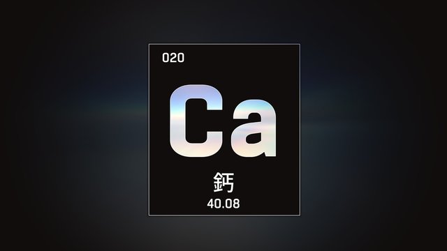 3D illustration of Calcium as Element 20 of the Periodic Table. Grey illuminated atom design background orbiting electrons name, atomic weight element number in Chinese language