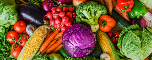 Composition with assorted raw fresh mix vegetables. Variety vegetable top view background.