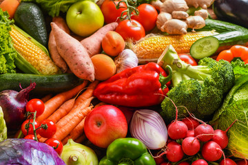 Composition with assorted raw fresh mix vegetables. Variety vegetable top view background.