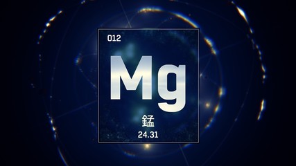 3D illustration of Magnesium as Element 12 of the Periodic Table. Blue illuminated atom design background orbiting electrons name, atomic weight element number in Chinese language