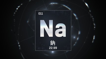 3D illustration of Sodium as Element 10 of the Periodic Table. Silver illuminated atom design background orbiting electrons name, atomic weight element number in Chinese language