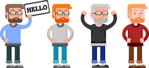 A man with a beard and glasses in different varieties isolated on white background. Programmer, businessman. Worker casual wear. Place for your ad. A man with a sign in his hands. Displeased person.
