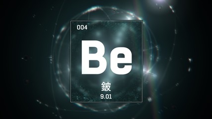 3D illustration of Beryllium as Element 4 of the Periodic Table. Green illuminated atom design background orbiting electrons name, atomic weight element number in Chinese language
