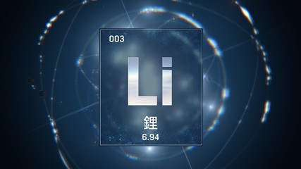 3D illustration of Lithium as Element 3 of the Periodic Table. Blue illuminated atom design background orbiting electrons name, atomic weight element number in Chinese language