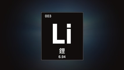3D illustration of Lithium as Element 3 of the Periodic Table. Grey illuminated atom design background orbiting electrons name, atomic weight element number in Chinese language