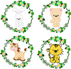 Illustration of cute wild animals isolated on a white background: hare, bear, horse, tiger.