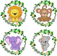 Bright illustration of wild animals in floral frames isolated on a white background: lion, monkey, elephant, koala