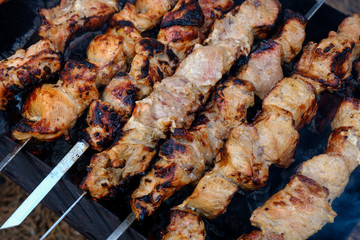 Preparation of shish kebab on outdoor charcoal grill