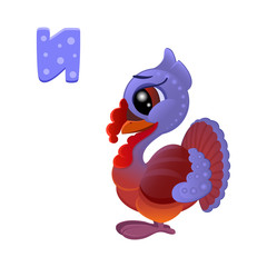 vector icon of funny cartoon turkey with the letter T of the alphabet, smiling poultry with big eyes, teaching kids to read and write, learning online, stay home, smiley, mascot, emoticon eps 10 