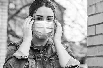 Virus concept. Girl in mask, risk for health, pneumonia, epidemic