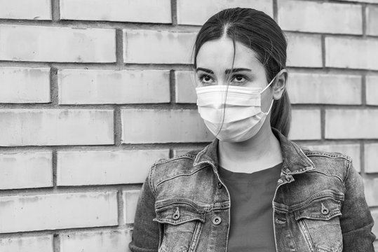  Virus concept. Girl in mask, risk for health, pneumonia, epidemic