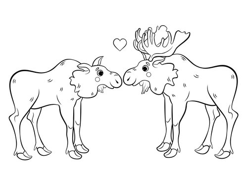 Coloring page outline of cute cartoon moose couple. Male and female mooses in love. Vector image isolated on white background. Coloring book of forest wild animals for kids