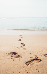 Holiday symbol of quiet rest in attractive areas on the beach, with visible footprints in the sand. Concept for travel vacation - footsteps in sand on summer tropical getaway holidays vacation
