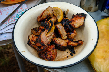 Ready-made shish kebab in a plate